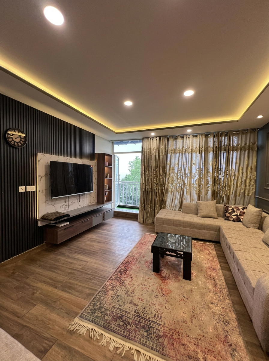 Living room with curtained window
